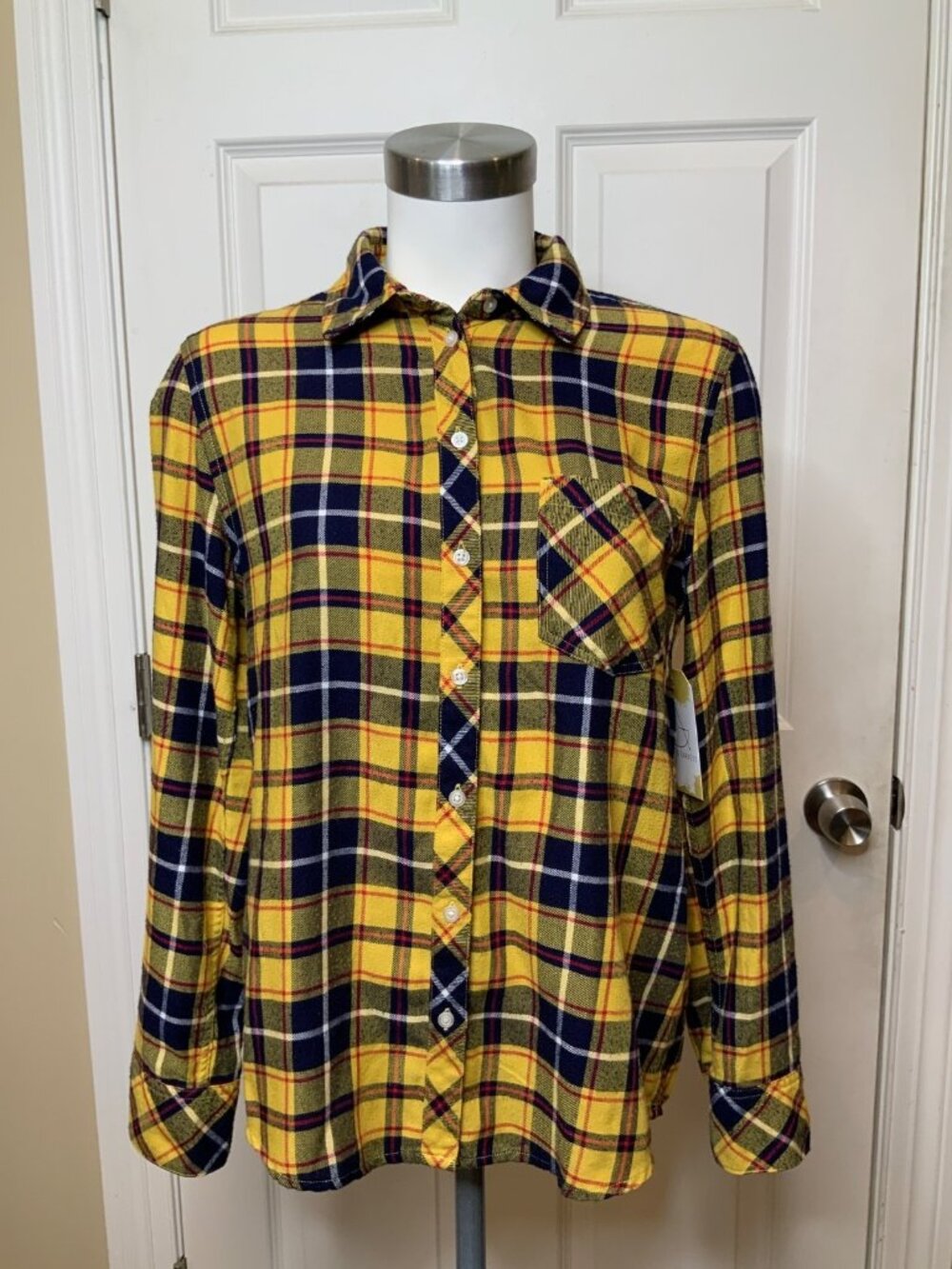 Pistola Yellow, Navy Blue & Red Plaid Flannel Button-Up Shirt, Size XS